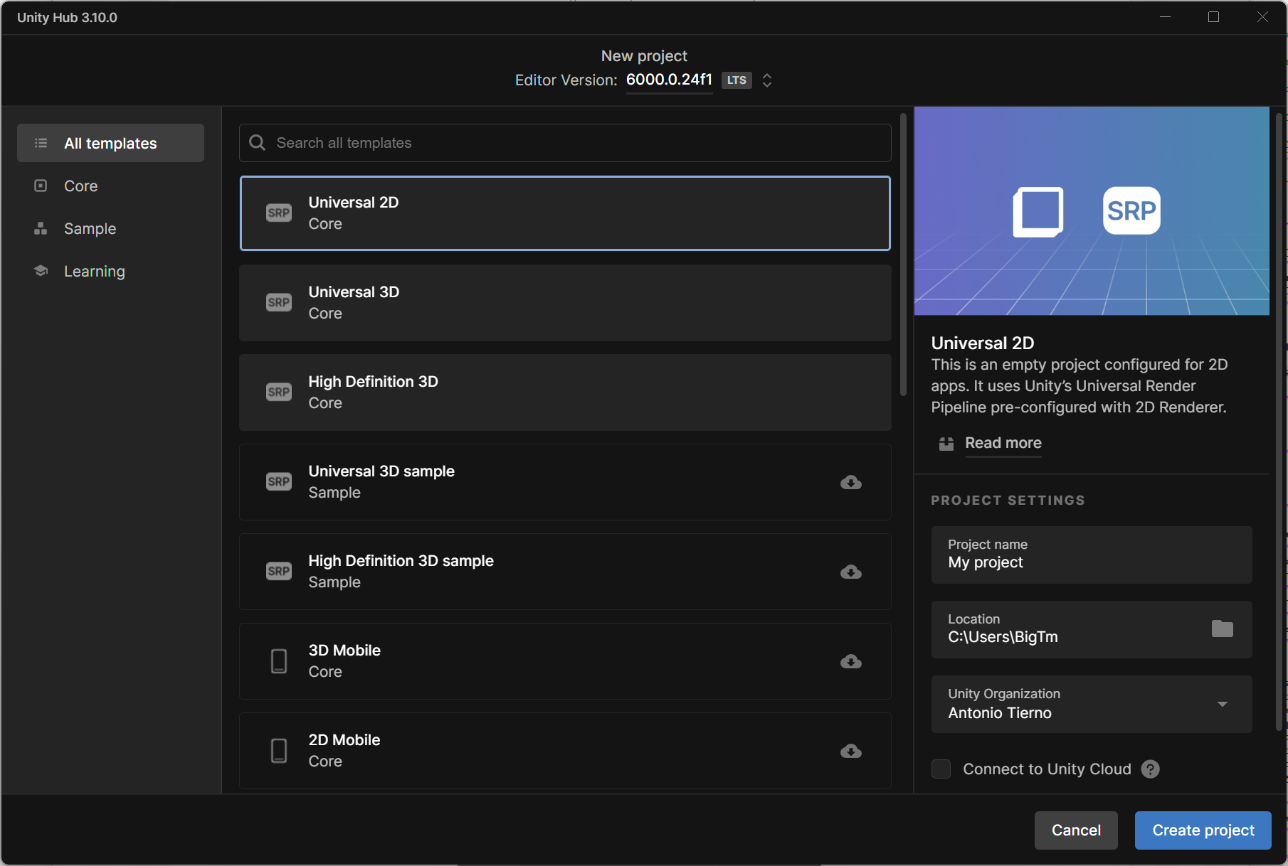Unity: Create New Project